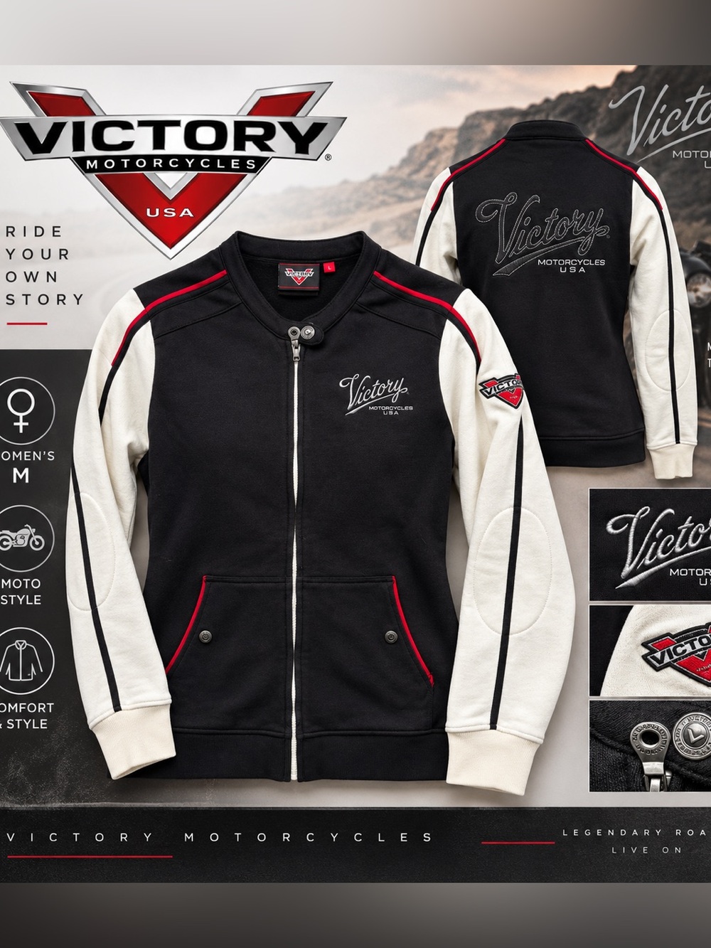 Victory Motorcycles Women’s Full Zip Jacket Black Red White Biker Moto L
